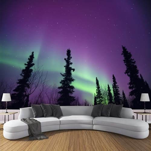 JSCWDET Papel Tapiz Fotográfico 350 × 256 Cm（Anchura × Altura,Maravillas Naturales Papel Tapiz Decorativo, Tela De Seda Decoración De Pared Sala Cuarto Auroras Boreales Moradas Y Verdes