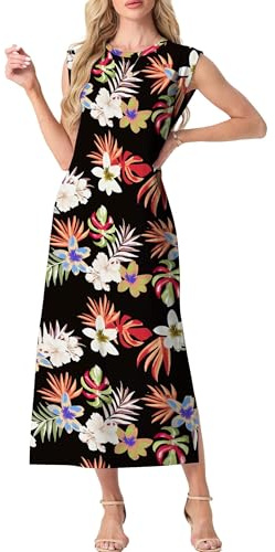 GRECERELLE Womens Summer Maxi Long Dress Casual Flower Sleeveless Crew Neck Split Hem Shift Dresses with Pocket for Ladies UK (Black Lily Palm Leaf, XL)