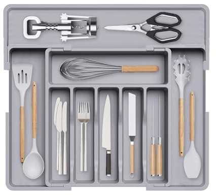 Wnddle Portaposate da Cassetto Espandibile, Portaposate da Cassetto, Organizzatori per Cucina, Portaposate Regolabile in Plastica per Utensili, Cucchiai, Forchette e Coltelli, Grande (Grigio)