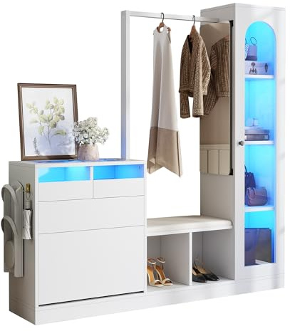 Azkoeesy Set appendiabiti multifunzionale con luce LED, 6 in 1, bianco, moderna combinazione di ingresso con scarpiera | panca imbottita | vetrina in vetro | specchio in vetro | asta appendiabiti |