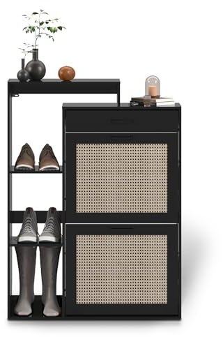 HULANAN Schuhschrank schmal schwarz mit Schublade & Rattan-Dekor – eleganter Schuhkipper schwarz für Flur & Eingangsbereich, Sneaker, Stiefel & Herrenschuhe, 80x24,5x109 cm