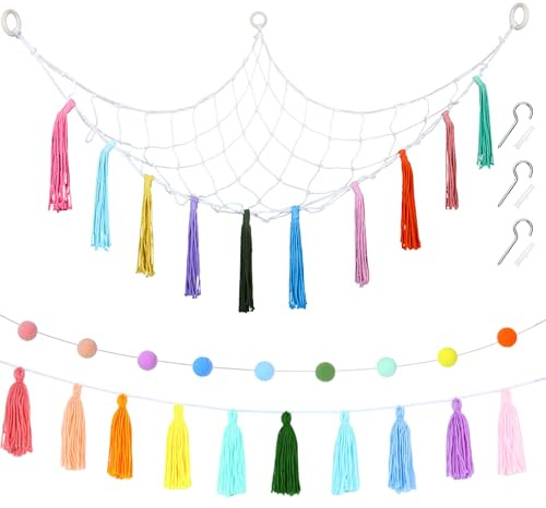 Irenare 1 Pcs Stuffed Animal Hammock Corner Storage Hanging Net With10 Tassel Garlands 2 Pcs Pastel Ball Garland Hammock Hanging for Boho Nursery Playroom Bedroom Room Decor
