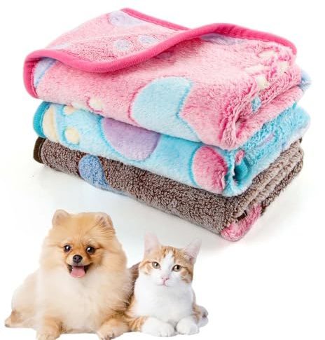 CIYIN 3 Pièces Couverture pour Chien Chat, Couvertures en Flanelle Douce pour Chiens et Chats,Couverture pour Chien Chat Pelucheuse et Lavable,avec Imprimé Patte (E3, 60x40cm)