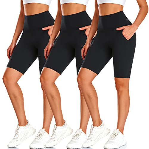 BLONGW 3 Pack High Waisted Cycling Shorts Women UK - 8 Tummy Control Yoga Shorts with Pockets, Black Running Gym Shorts for Ladies Sports & Cycle