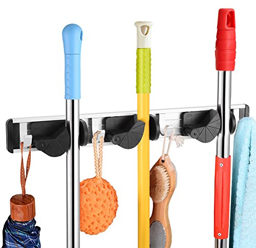 Mopp und Besen Halter Wand montiert Rack Kleiderbügel Kehrbürste Organizer mit für Schrank Rechen Garten Sportgeräte Garage Lagerung für Regale(3 Position 4 Hooks)