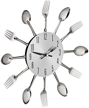 Relaxdays Wanduhr Besteck, Küchenuhr Löffel & Gabel, Ø 31 cm, Metall, batteriebetrieben, ohne Ticken, Besteckuhr, silber