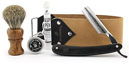 Jag Shaving 5-teiliges Rasierset – Nachhaltig – Rasierset – Rasierpinsel aus Holz – Rasiermesser – Leder-Streichriemen – Honing Compound – Alaun Stick – perfektes Geschenkset für Männer