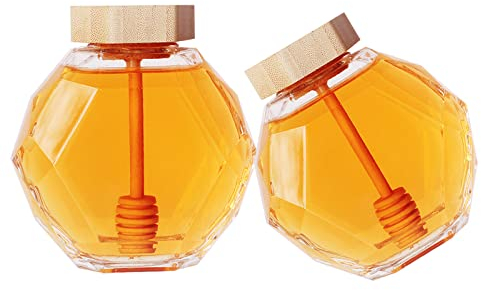 YouYuer Honigspender,2pcs Glas Honigtopf mit Honigbehälter Honig Löffel Honigspender Glasbehälter Honey Dispenser Zum Servieren von Honig und Sirup für Home Küche verwenden(200ml)