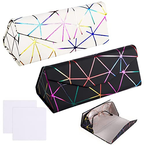 Thboxes 2 Pack Glasses Cases, Leather Eyeglasses Cases with Cleaning Cloth Anti-Scratch Sunglasses Pouch Spectacles Bag for Women Men Kids, Black + White
