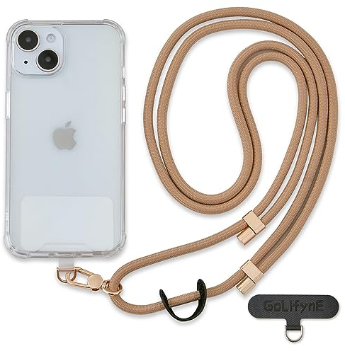 Golifyne Handykette Universal zum Umhängen | Handyband Kordel Kette für Outdoor, Reise, Unterweg Handy-Halterung | Phone Lanyard + 2 Stück Pad für alle Smartphone (ohne Hülle) - Beige