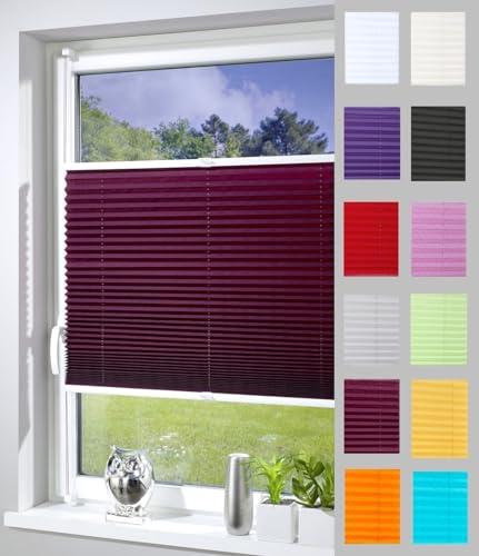 DécoProfi Plissee ohne Bohren Bordeaux 75cm x 220cm (max. Gesamthöhe Fensterflügel) I Verspannte Plissees nach Maß mit Klemmträger/Klemmfix I Blickdichte Innenrahmen-Plissees zum Klemmen
