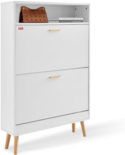 VEVOR Schuhschrank Schmal, Schuhregal Weiß, 800 x 237 x 1205 mm Schuhkipper mit 2 Klappen + oberem Staufach, Schuhkommode 68 kg Tragfähigkeit, Aufbewahrungsschrank Schuh Massivholz für Flur, Outdoor
