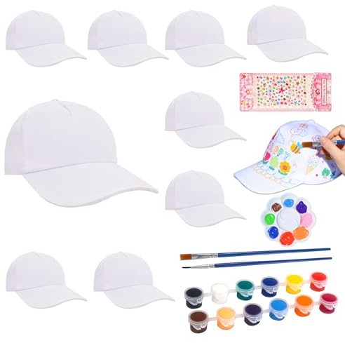 Tulov 10 Stück Kinder Baseball Cap Weiß mit 12 Farben und Pinseln und Palette und bunten Aufklebern, Kinder Geschenk