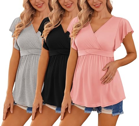 Ekouaer Maternity Shirts 3 Packs Flying Short Sleeve Nursing Tops Pregnancy Clothes Light Grey+Black+Orange Pink L