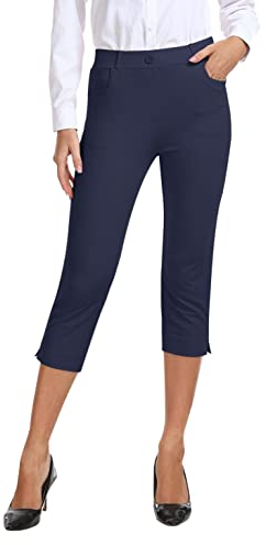 AjezMax Damen Golf Hosen Capri Stretch Freizeithose Hohe Taille Straight Yoga Hose Elegante Hosen mit Taschen Marineblau S
