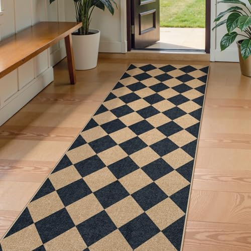 Lahome Colette Checkered Easy Jute Runner Rug, 2x8 Hallway Kitchen Runner Rug Non Slip Washable Outdoor Carpet for Entryway Indoor, Checkerboard Black Indoor Outdoor Carpet for Hallway 8ft Entry