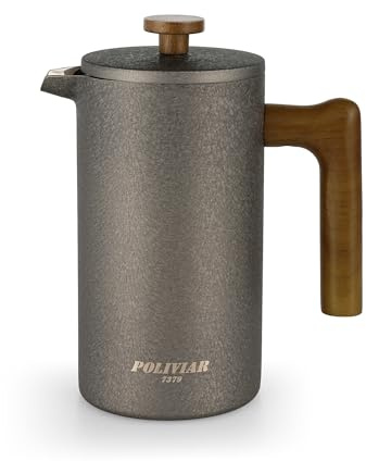 POLIVIAR Cafetière à piston à piston à 8 tasses avec poignée en bois – Cafetière isotherme à double paroi et 1 filtre supplémentaire – Presse à café en acier inoxydable pour un bon café et thé (1