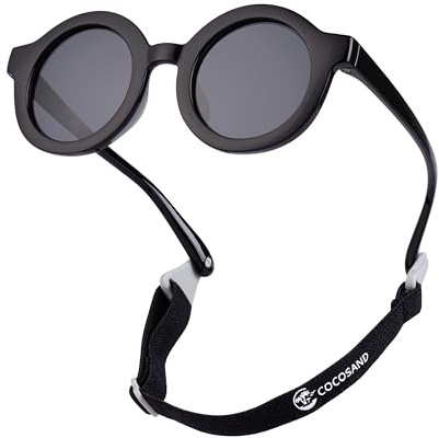COCOSAND Baby Sunglasses with Strap Polarized UV Protection Flexible Frame with Soft Silicone Nose Pads for Toddler Infant Kids Girl Boy 0-24 Months, Black with Grey Lens
