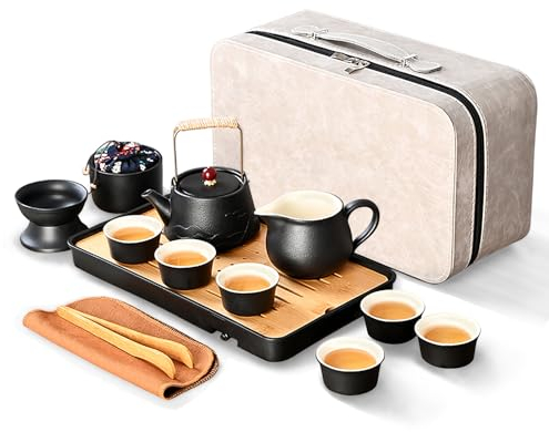 fanquare Schwarz Chinesischer Teeservice Porzellan Kung Fu Tee Sets für Erwachsene 13 Stück Traditionelles Reise Tee Set mit Teekanne Tablett Reisetasche Japanischer Tee Service für Geschenke