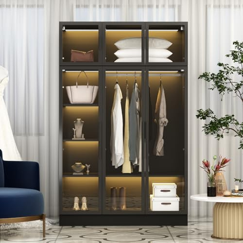 PREMTURE Kleiderschrank mit 6 Türen aus gehärtetem Glas mit 5 Lichtleisten, Kleiderschrank mit Kleiderbügeln und Einlegeböden für Schlafzimmer, Ankleidezimmer Schwarz, 120 x 48 x 190 cm, MDF