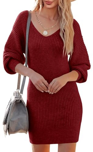 Saodimallsu Knitted Dress Women's V-Neck Jumper Dress Long Sleeve Pullover Elegant Mini Dress Sweater Casual for Autumn Winter, Wine Red, S
