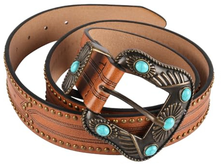 Sarini Bohemian Ins Western Cowboy Dam Retro Turkos Bälte Punched Bead Dam Bälte Blompräglat Turkos Bälte 120 cm