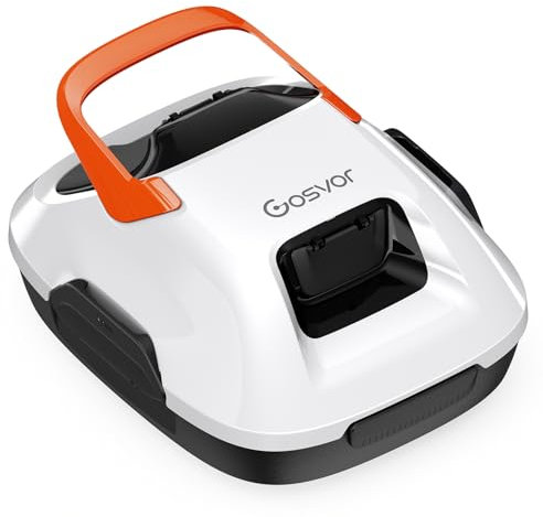 Gosvor Poolroboter Akku, Automatischer Poolreiniger mit Doppelmotor, bis zu 90 Min. Betriebszeit, Benutzerfreundlich, 3,4kg Leicht, Kabelloser Poolsauger Ideal für Flache Pools bis zu 80㎡, Weiß-Orange