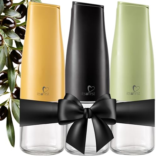 itsufirst® Olive Oil and Vinegar Dispenser Set - 3x500ml Auto Flip Non-Drip, Non-Spill Glass Pourers – Leakproof, Easy To Use, Oil Bottles for Kitchen, Vinegar Drizzlers for Cooking, Pack Of 3 (B+Y+G)