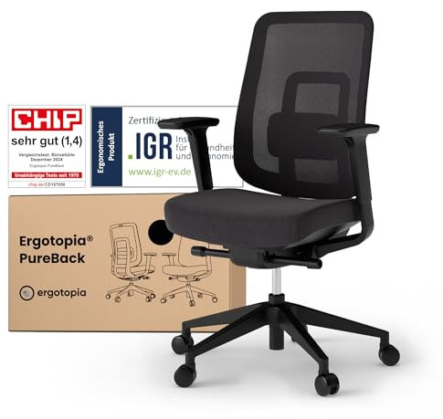 Ergotopia PureBack ergonomischer Bürostuhl – Schreibtischstuhl ergonomisch mit 4D-Armlehnen & Synchronmechanik – Für Home Office, Büro & Gaming – Bequemer Drehstuhl für gesundes Sitzen