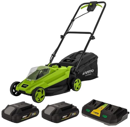 Cortacésped inalámbrico 20V con 2 baterías de Litio 2Ah y Cargador Doble – Cortacesped Electrico con Ancho de Corte 32 cm, depósito 30 L, 3 Alturas Ajustables