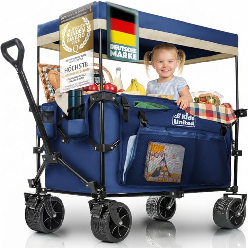 Fällbar handvagn Transportvagn; Strandvagn upp till 90 liter och 150 kg; XXL-hjul med broms; Stegvagn; Campingvagn för strand, trädgård och utomhusbruk; Justerbart handtag och väska (Blå)