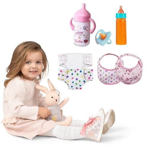 7 Pcs Baby Doll Accessories Set Toy, Feeding and Caring Set with Magic Disappearing Bottles, Pacifier, Diapers and Bibs Doll Pretend Play Christmas Birthday Gift for Kids