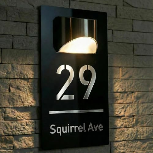 Números de Casa Exterior con Luz Solar LED, Placa de de Acrílico Impermeable con Grabado Láser 3D Personalizable, Letrero para Puerta Exterior zm (4 Tamaños, 16 Fuentes, 3 Colores)(Negro-Plata)