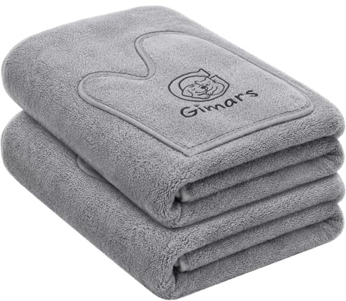 Gimars Lot de 2 Serviettes Épaisses pour Chien avec Poches pour Mains, Ultra-Absorbante, Serviettes Microfibre Grandes, Serviettes Douces pour Animaux, 140 x 70 cm, Prise Facile