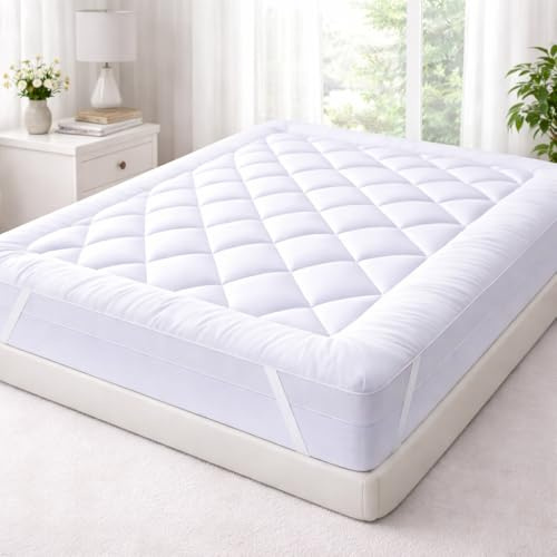 LUXE BEDDING Mattress Topper Double, 10cm Thick, Cloudlike Super Soft Microfiber, Hypoallergenic, Machine Washable, with Corner Elastic Straps White, (137 x 190cm)