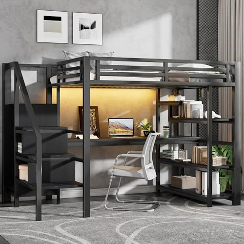 LPdorbe Lit Mezzanine Métal 140x200cm avec Escalier,Penderie Ouverte,Bureau Intégré,Rangements,Station USB & Éclairage LED Bluetooth–Noir