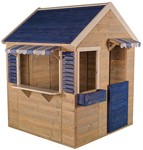 Wendi Toys M17B Maison de Jeu en Bois pour Enfants, 120×120×155 cm, avec Porte, Volets, auvent, jardinière et Plancher, Bois FSC, cabane extérieure résistante aux intempéries, Bleu