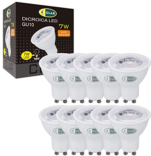 CLAR - Bombilla GU10 LED 3000K, 7W, Ojos de Buey, Halógena Equivalente (Pack 10)