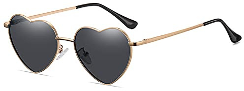 RUNHUIS Occhiali da sole polarizzati a forma di cuore donna uomo hippie occhiali vintage amore occhiali da sole per festival festa oro montatura in metallo con UV400, Oro/grigio