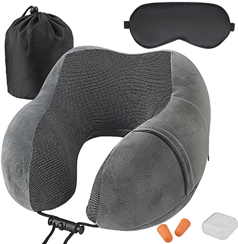 TEIVUL Travel Pillow, Neck Pillow for Travel，Comfortable Memory Foam Neck and Chin Support Travel Pillow with Eye Mask Ear Plugs, Suitable for Sleep Rest Outdoor Travel Airplane
