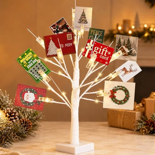 Money Tree Gift Holder, 2FT 24 LED Birch Tree with 12 Clear Clips, Battery Powered Lighted Display Card Trees for Christmas,Wedding, Photo Memo, Birthday Graduation（White）