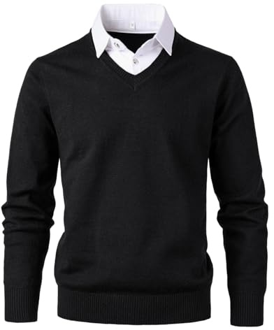 Herothorn Stickad tröja för män mode pullover mjuk touch v-ringad tröja topp med rutig eller vit stoppad skjorta krage