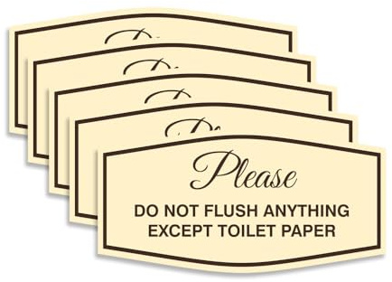 Fancy Please Do Not Flush Anything Except Toilet Paper Sign | Easy Installation | Restroom Signs (Ivory/Dark Brown) - Large (5 Pack)