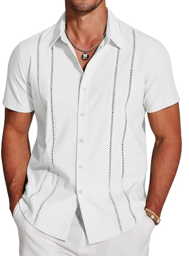 COOFANDY Men's Cuban Guayabera Shirt Short Sleeve Button Down Shirts Casual Summer Beach Linen Shirts A-White