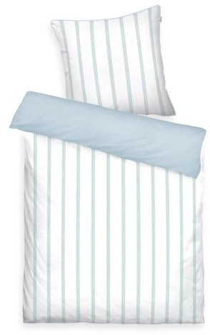 TOM TAILOR Satin-Bettwäsche, 80x80cm + 155x220 cm,100% Baumwolle/Satin, mit Wendemotiv, farbiger Paspel am Kissen und Markenreißverschluss,CLASSIC SATIN STRIPES Weiß, Hellblau (Light Lemon & Sky Blue)