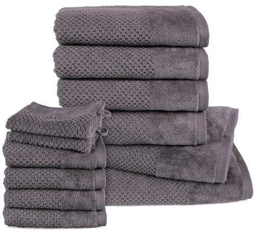 Pure Label 12.TLG. Handtücher Set aus 100% Baumwolle, saugstark und weich - 2X Badetuch (70x140 cm) 4X Handtuch (50x100cm) 4X Gästetuch (30x50 cm) 2X Waschlappen (16x21 cm), Anthrazit - Grau