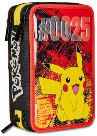 Seven Federmäppchen, Mäppchen, Pokemon Pikachu - Federtasche für Schreibwaren, Etui komplett mit Bleistiften, Filzstiften, Schulmaterial, mit 3 Fächern, Mädchen, Schule - Grundschule, XXL