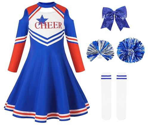 LOLANTA Traje de Animadora Azul para Niñas con Pom poms y Calcetines, Uniforme de Animadora para Carnaval o Fiesta, 5-15 años(azul,10-11 años,150)