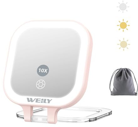 WEILY Specchietto da Borsetta, Specchio da Viaggio Bifacciale con 1X/10x Ingrandimento, con 3 Luci Colorate e Controllo Touch, Specchio Trucco Portatile Ricaricabile Tramite USB (Rosa)