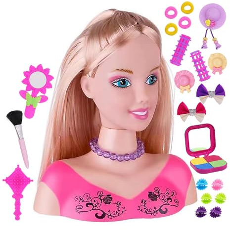 Kouamor Kids Hairdressing Makeup Doll Head, Dolls Head Hair Styling Model Kids, Kid Play Makeup and Hair Dressing Heads Toy Set, Make Up Dolls Head for Girls Aged 3 4 5 6+, Xmas Birthday Gift (23pcs)